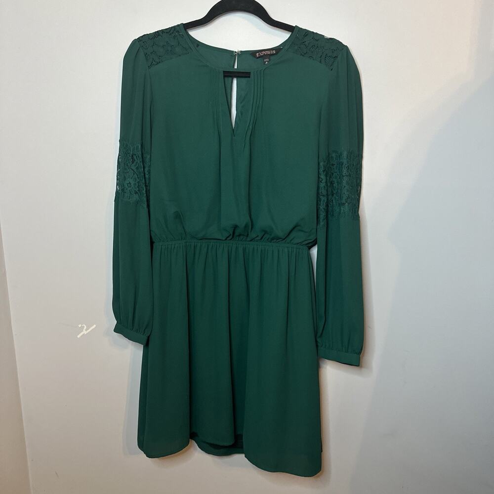 Express Emerald Green Floral Lace Key Hole Front Long Sleeve Chiffon Mini Dress